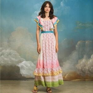 MANOUSH Boho Folklore Floral Mixed Printer Ruffle Maxi Prairie Dress